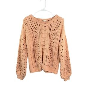 Sky & Sparrow Sweater Womens S Pink Open Knit Crochet Balloon Sleeve Pullover